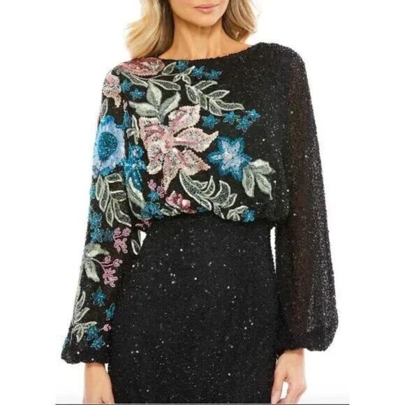 Mac Duggal 5615 Size 12 Black Pink Floral High Neck Long Sleeve Gown‎ Maxi Dress - Picture 4 of 5